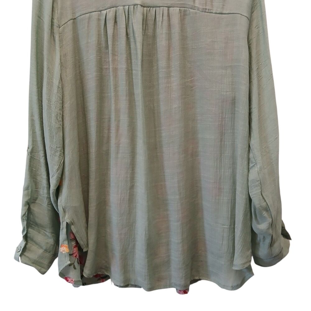 Figueroa & Flower Tunic Blouse Shirt Large Green Floral Embroidered Button Boho - Picture 8 of 14